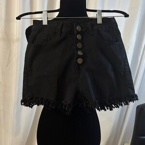 Black Button-Up Fringe Hem Shorts